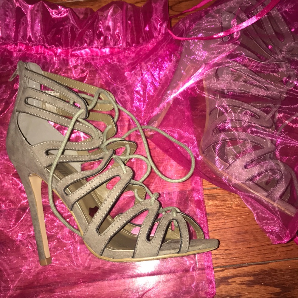 strappy grey heels